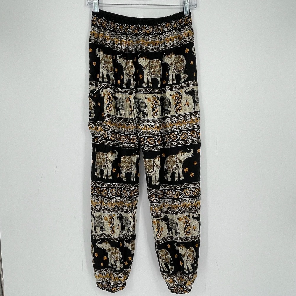 Earthbound Trading Co Women's Black Elephant Print Gypsy Boho Harem Pants Size L